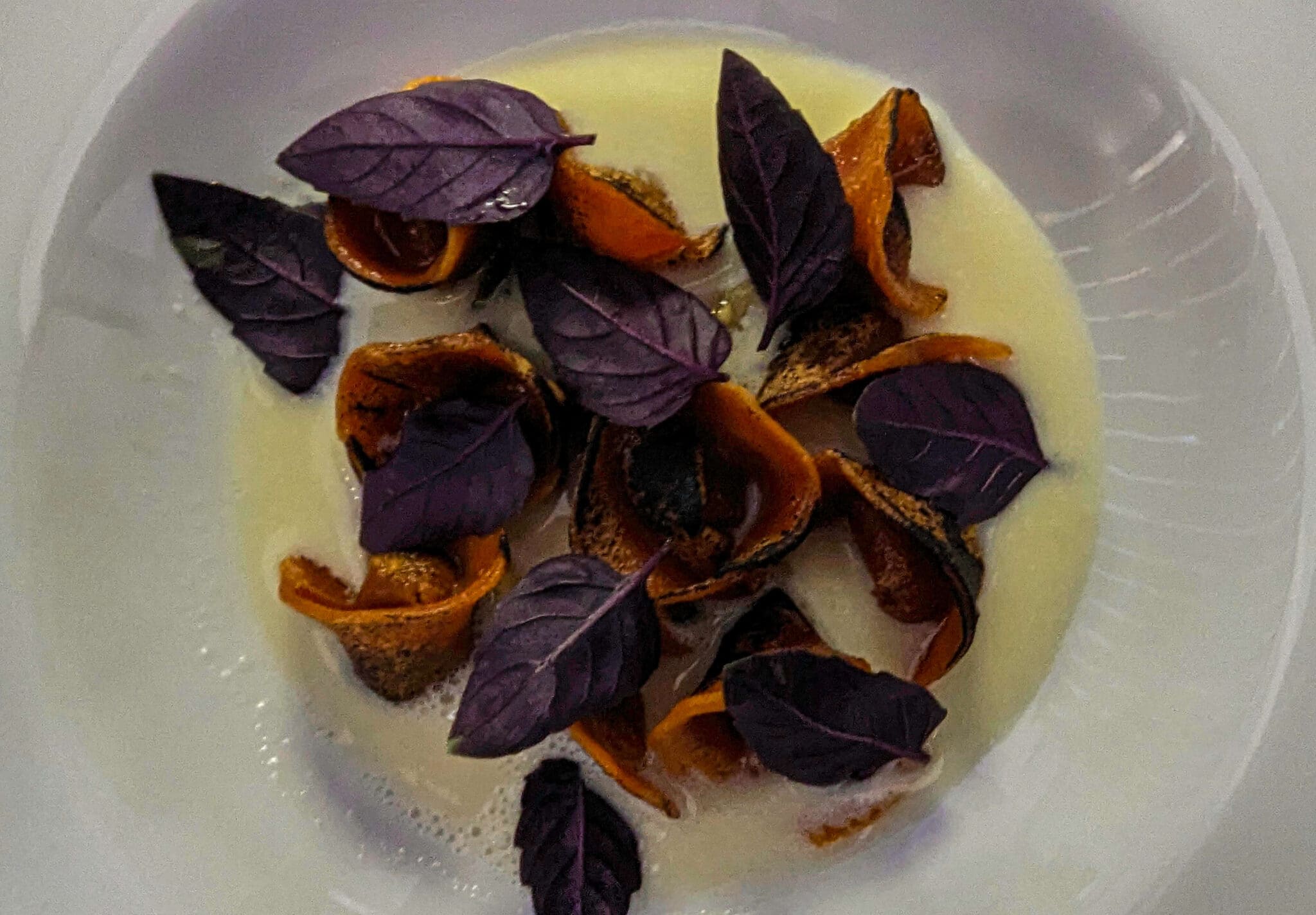 Immaculately delicious orange raviolis bathed in rich sauce topped with purple leafy garnish ordered from Pulejo Rome