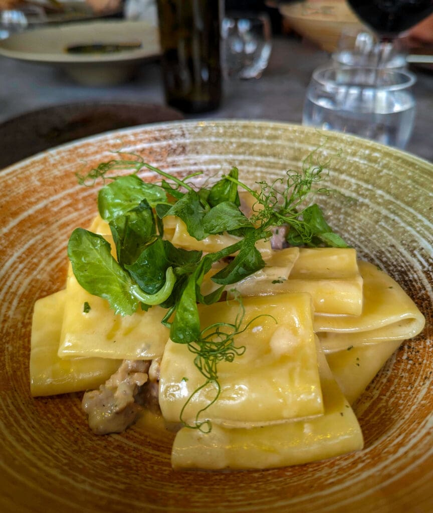 Wide wrapped pasta noodles slathered in a rich cheese sauce topped with fresh green herbs ordered from "Six"