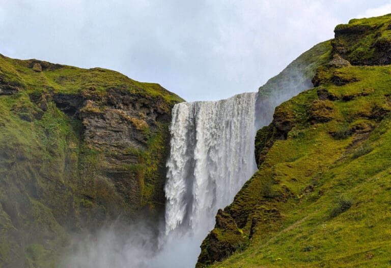 The powerful waters of the Skogafoss waterfall rushing over the edge surrounded by green and yellow grass