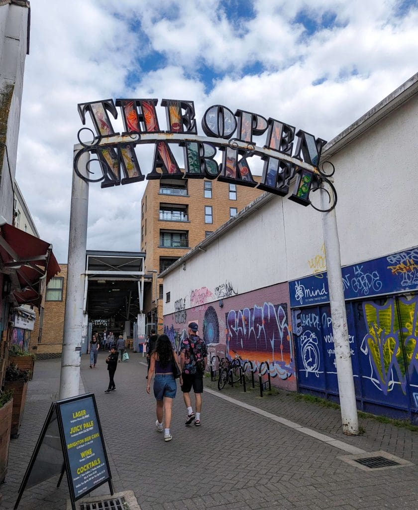 The colorful Open Market sign marking the entrance to the Brighton Open Market