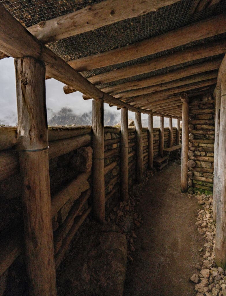 A dugout WW1 bunker with wooden support beams built into Cinque Torri mountain in the Dolomites