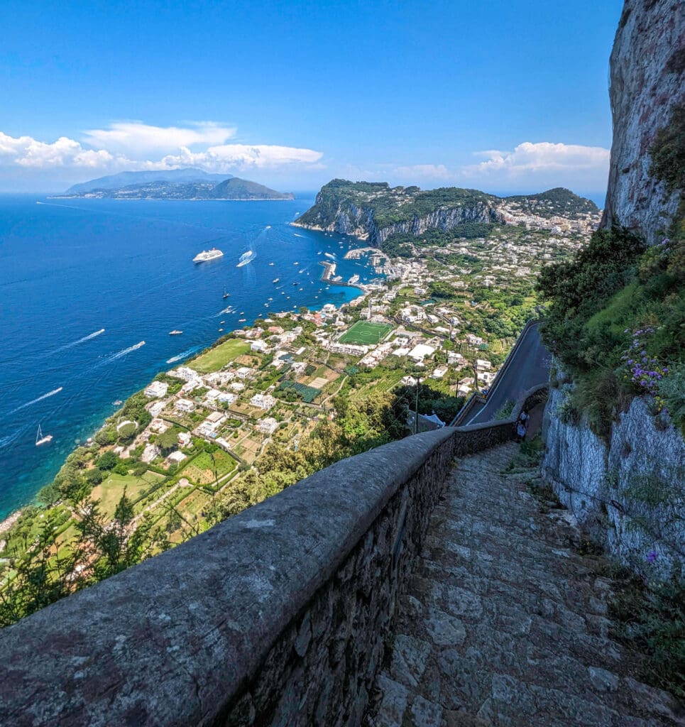 Steep stone stairs of the Phoenician Steps overlook the beautiful, picturesque Capri and the other Italian Islands