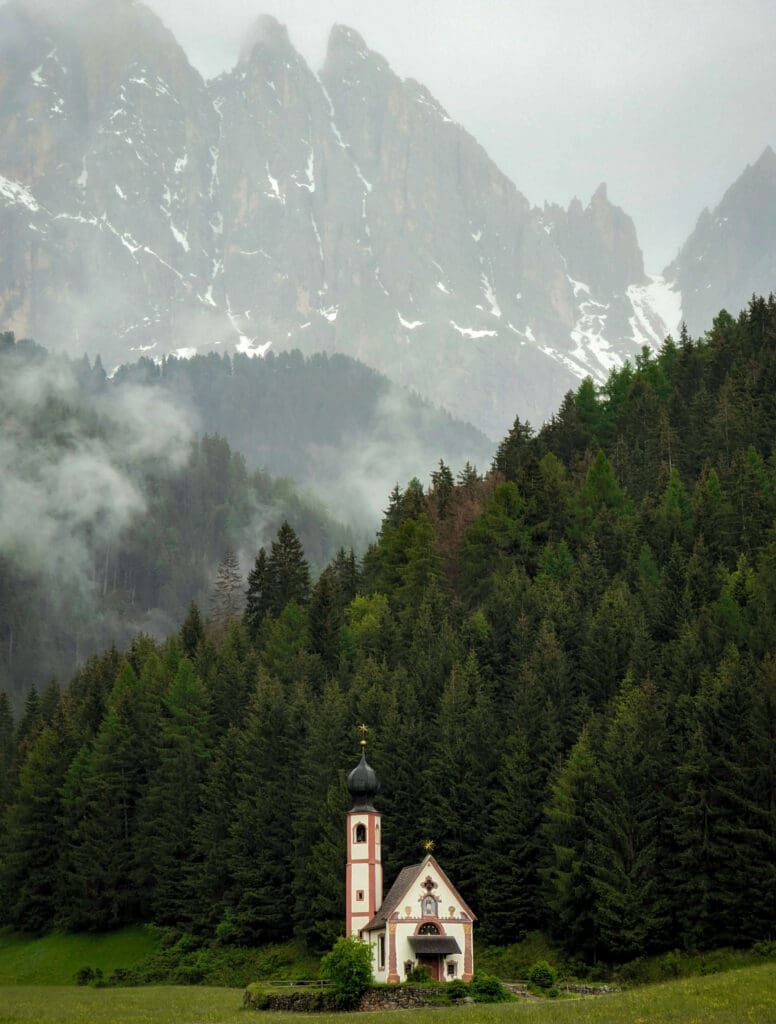 A small and quiet church in the gorgeous setting of the Val Di Funes hike