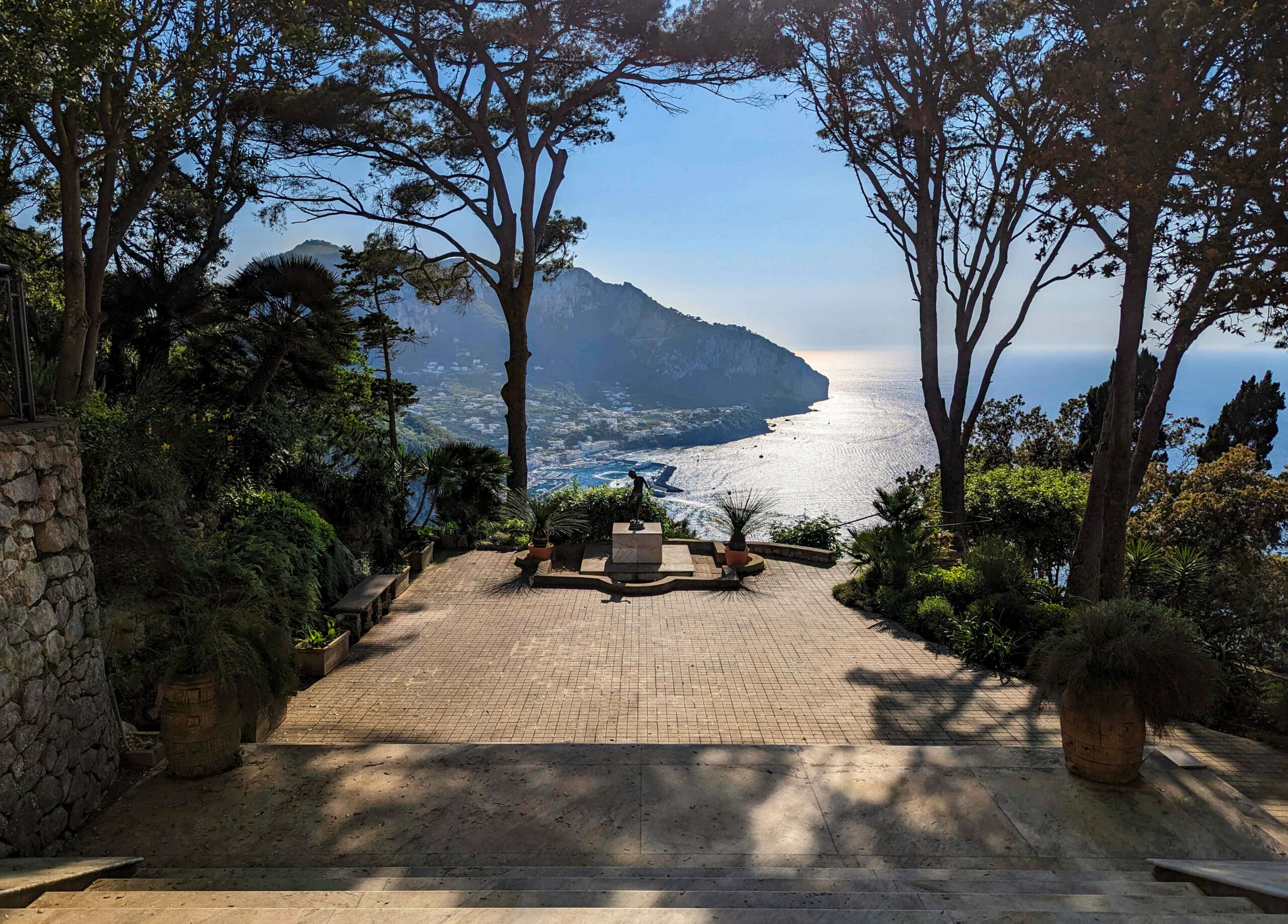 Looking down the steps of the Villa Lysis and out over the port and town of Capri