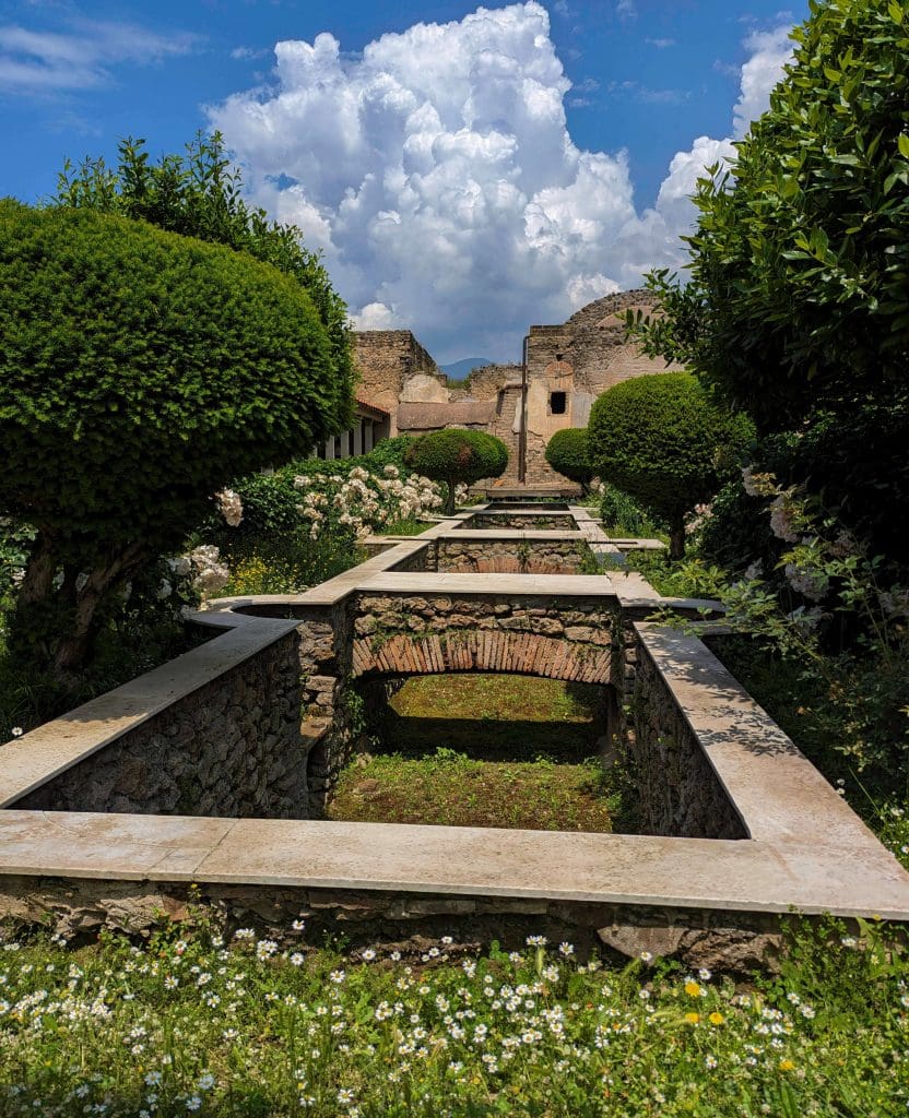 An open outdoor garden space growing around ruins from ancient Pompeii