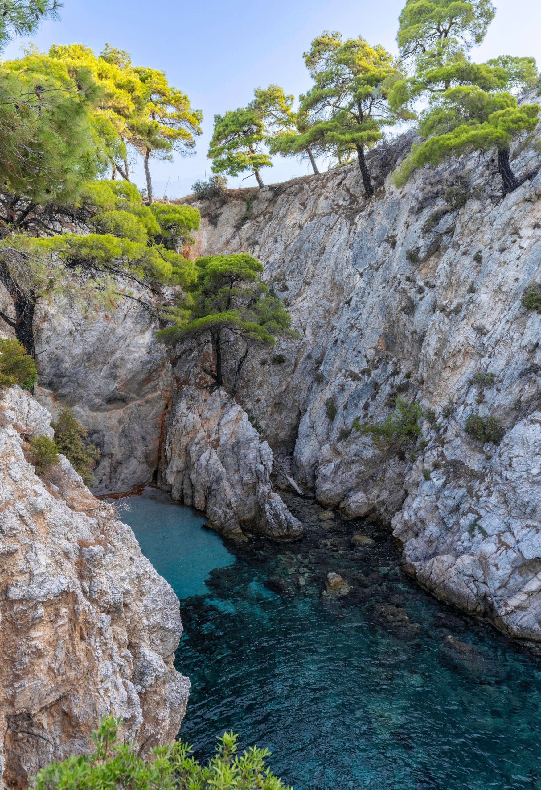 Trees perched on rocky cliffs lead down to clear waters of Amarandos Cove one of the most intriguing and best beaches in Greece.