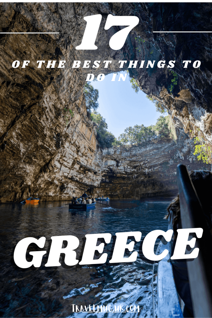 Floating through one of Kefalonia's many caves, with the title of the article "17 of the best things to do in Greece".