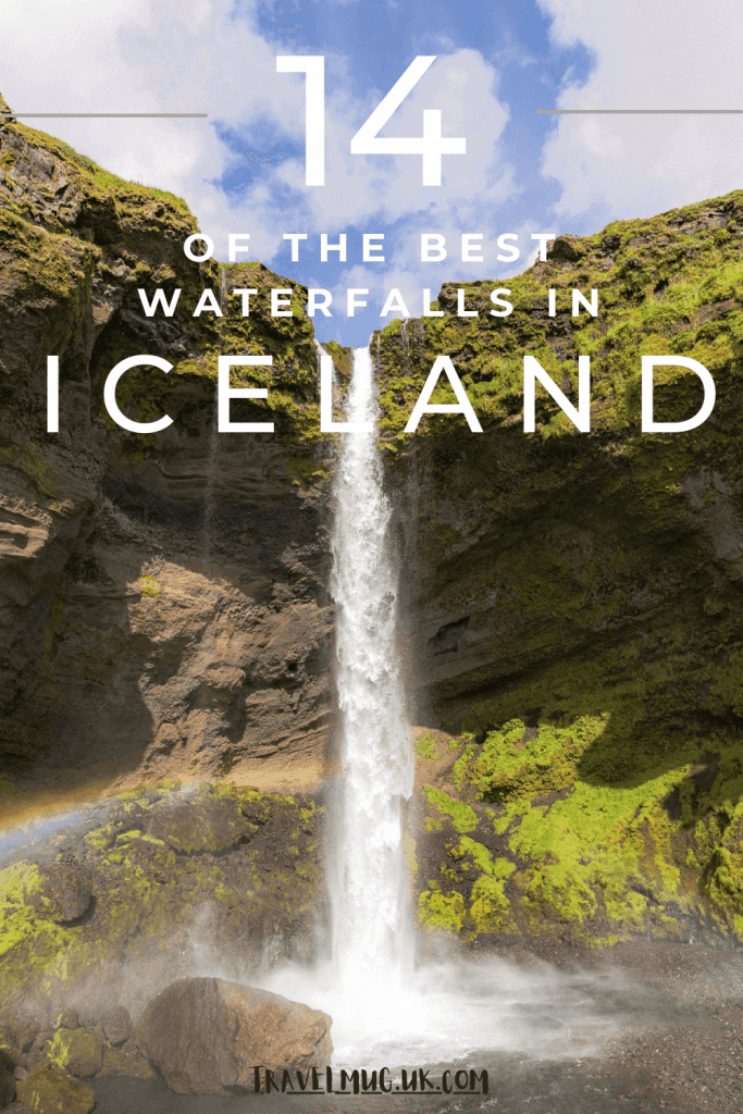 The gorgeous kvernufoss waterfall as a rainbow appears at the bottom, with the title of the article "14 of the best waterfalls in Iceland".