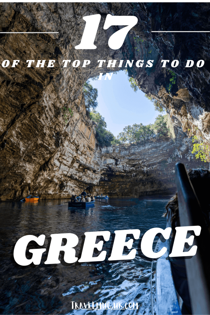 Floating through one of Kefalonia's many caves, with the title of the article "17 of the best things to do in Greece".