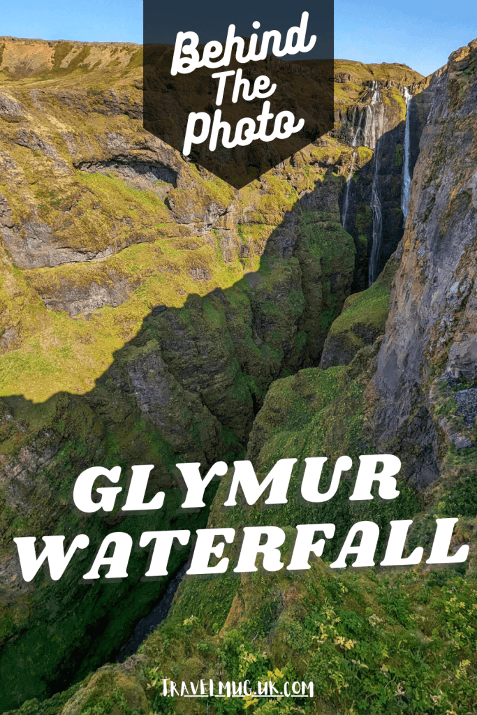 A photo atop the skyscraping Glymur Waterfall one of the tallest waterfalls in Iceland, with the title of the article "behind the photo Glymur Waterfall".