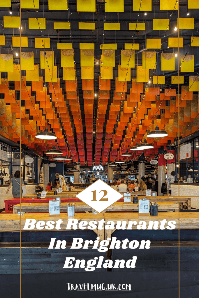 The colorful interior of Shelter Hall, with the title of the article "12 best restaurants in Brighton England".