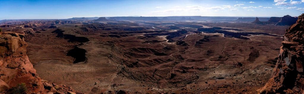 A panorama picture of the expansive canyons from atop the Murphy Point overlook in the Canyonlands National Park