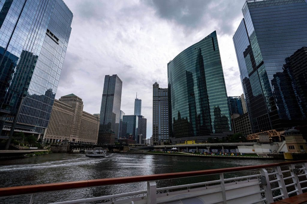 Looking at the stunning Chicago skyline from an architecture boat tour, one of the best things to do in Chicago for experiencing Chicago Architecture.