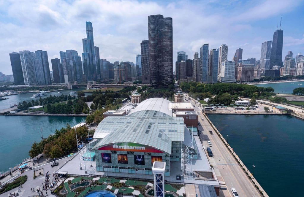 High above the Navy Pier looking back at the Chicago skyline from atop the Centennial Ferris Wheel.