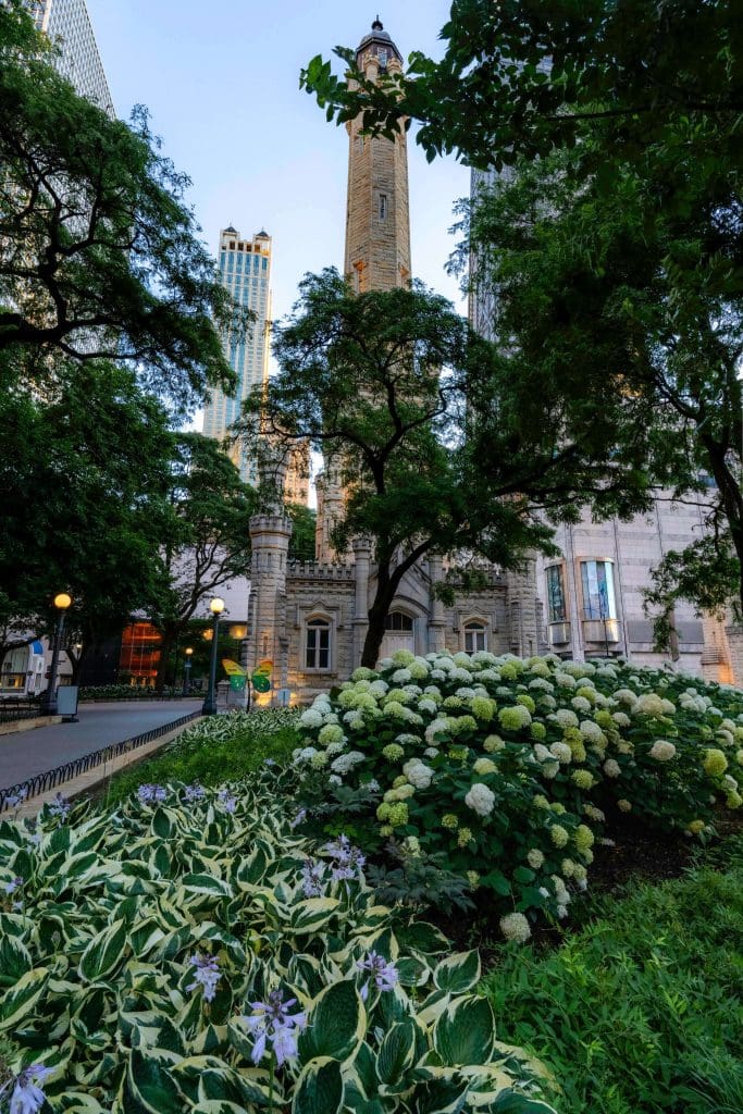 The historic Chicago Water Tower standing tall as one of the best photo spots in Chicago.