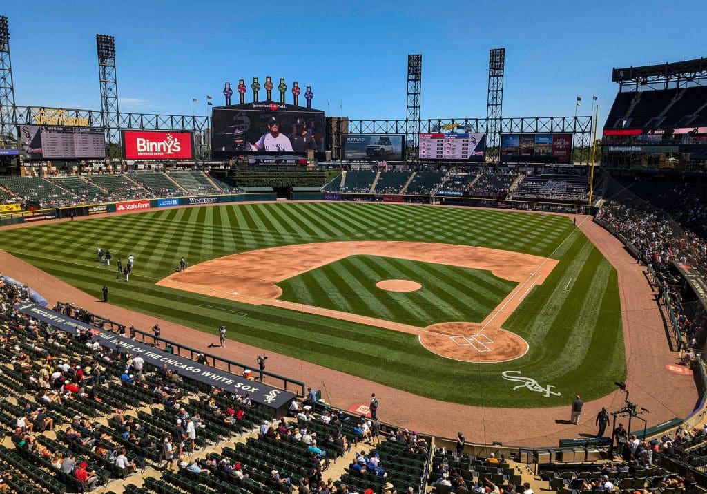 Looking over the pristine baseball diamond of Guaranteed Rate Field, home of the Chicago White Sox.