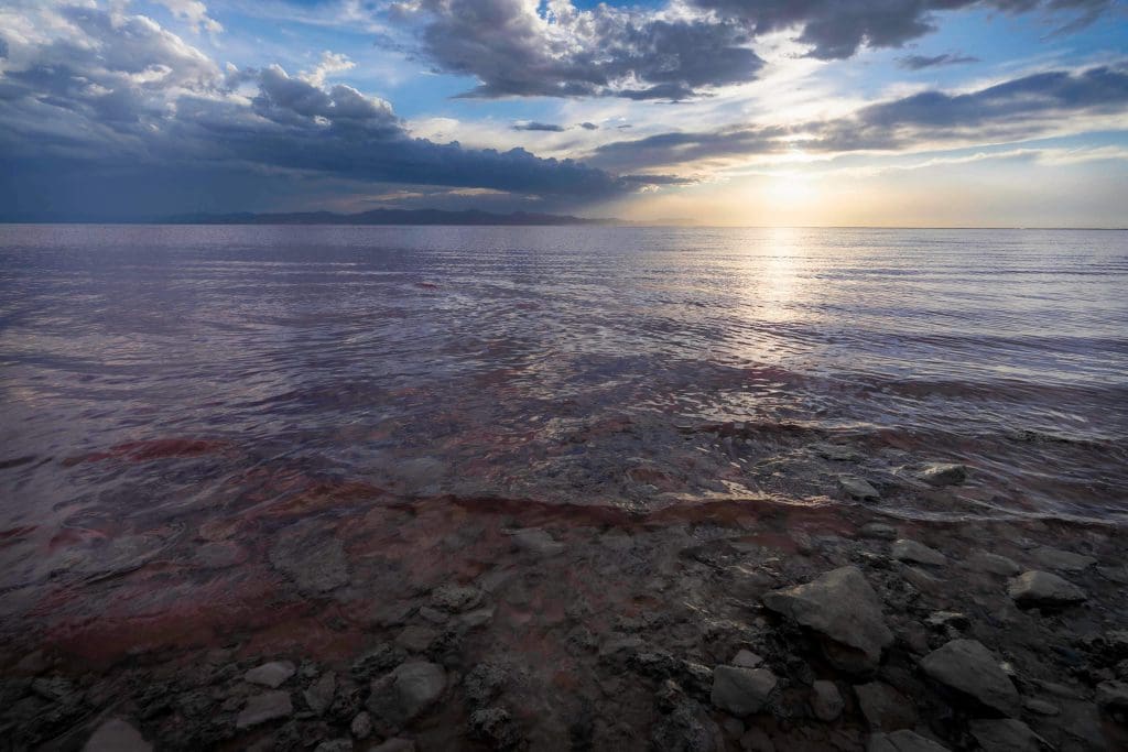 Pink waves lightly wash ashore as the sun sets over the water in one of the best spots for Utah pictures.