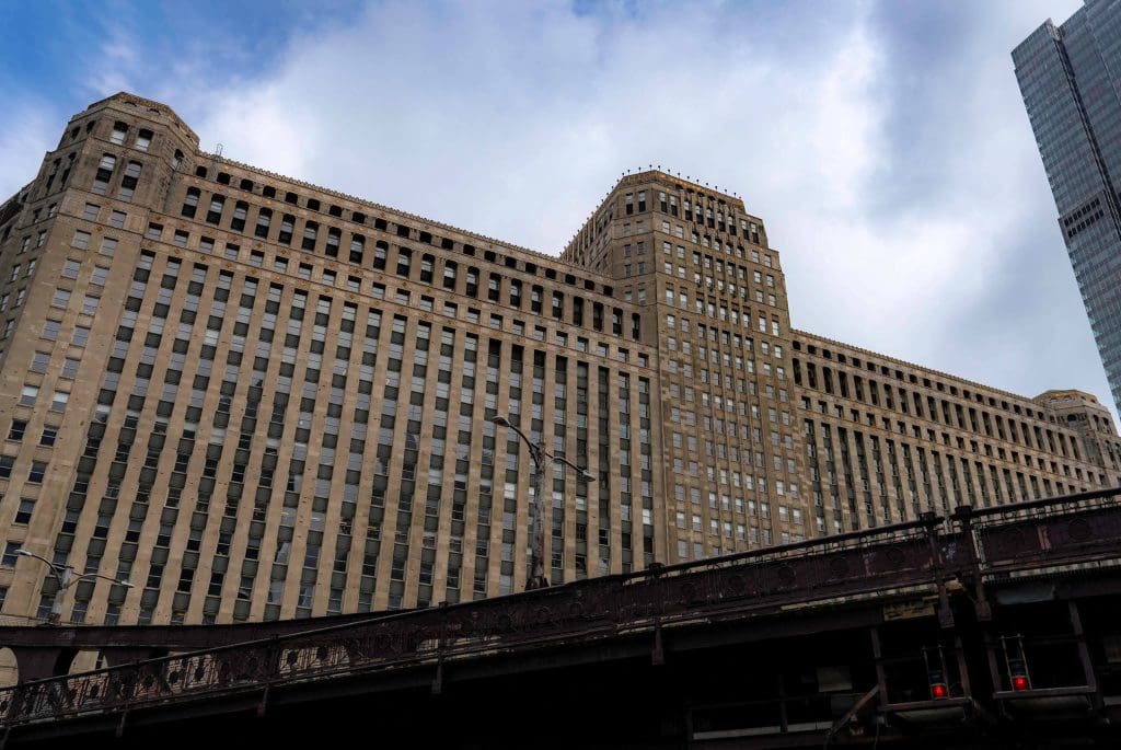 Looking up at the century old Merchandise MART, a gorgeous two block big building as iconic as the Wrigley Building.