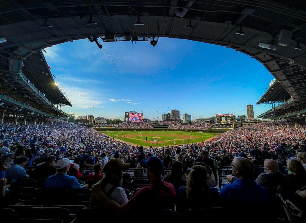 A full crowd at the historic Wrigley Field home of the Chicago Cubs, one of the best photo spots in Chicago.