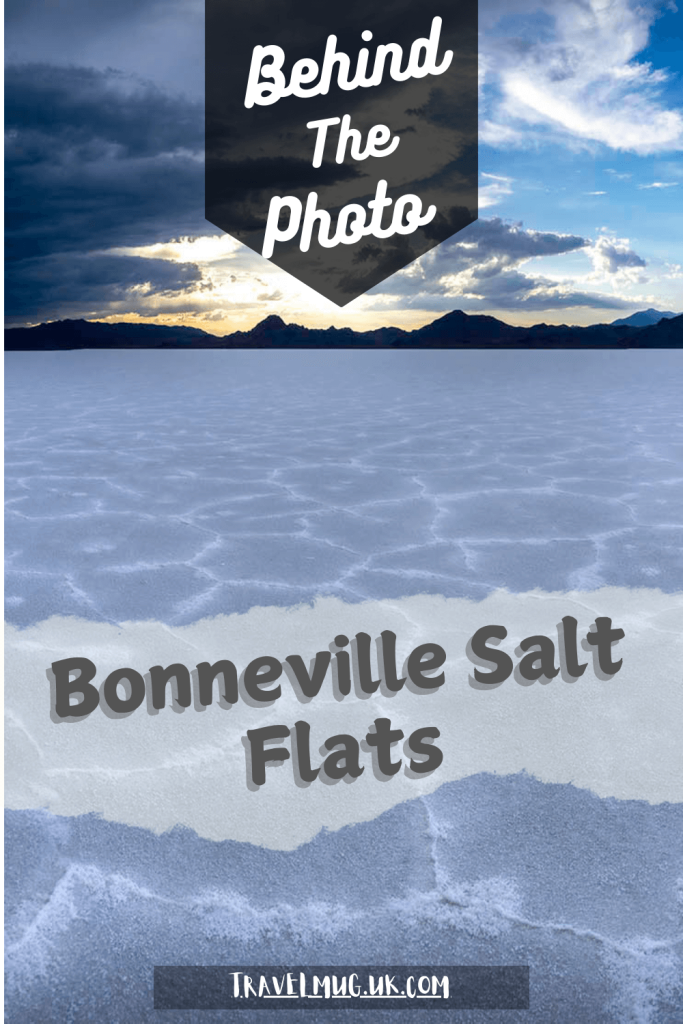 An incredible scene of the sky split in half as the sun set over the salt flats, with the title of the article "Behind the photo Bonneville Salt Flats".