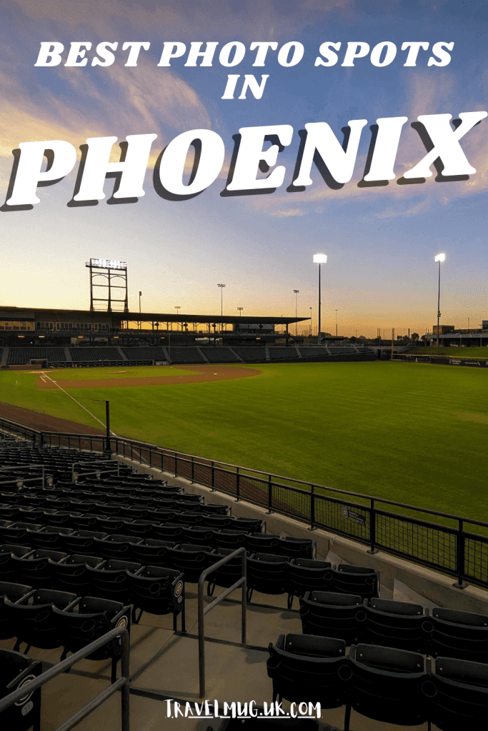 The sun sets over Sloan Park one of the best baseball fields in the AFL, with the title of the article "Best photo spots in Phoenix".