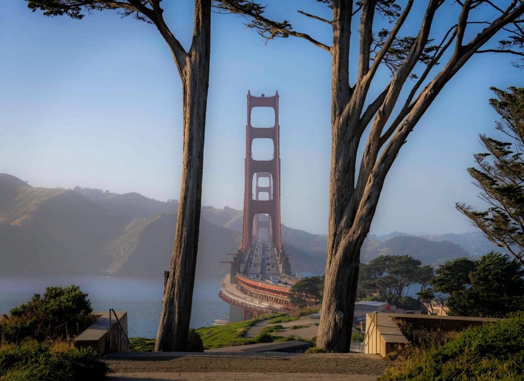 Looking through two trees onto a perfect view of the Golden Gate Bridge during sunset from the Golden Gate Bridge Overlook.