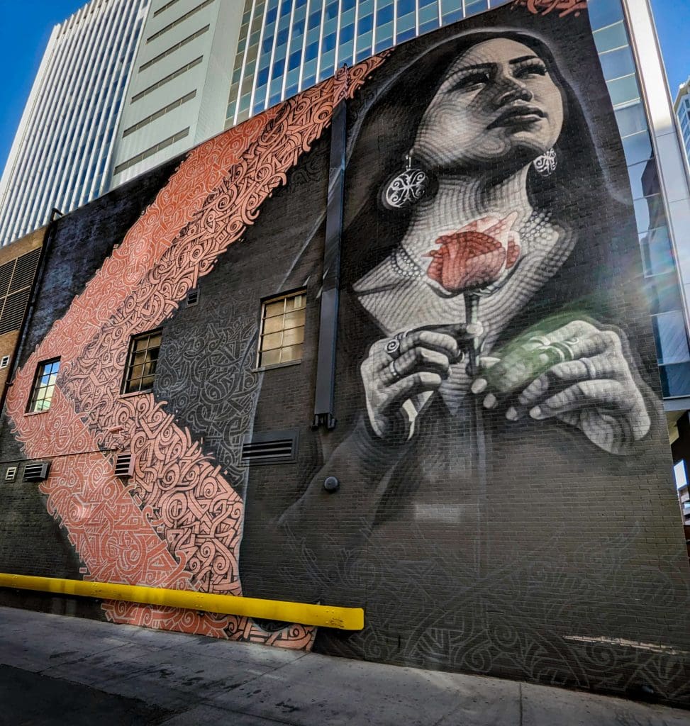 A native woman holds a single flower in this Phoenix mural that sends a stunning message.