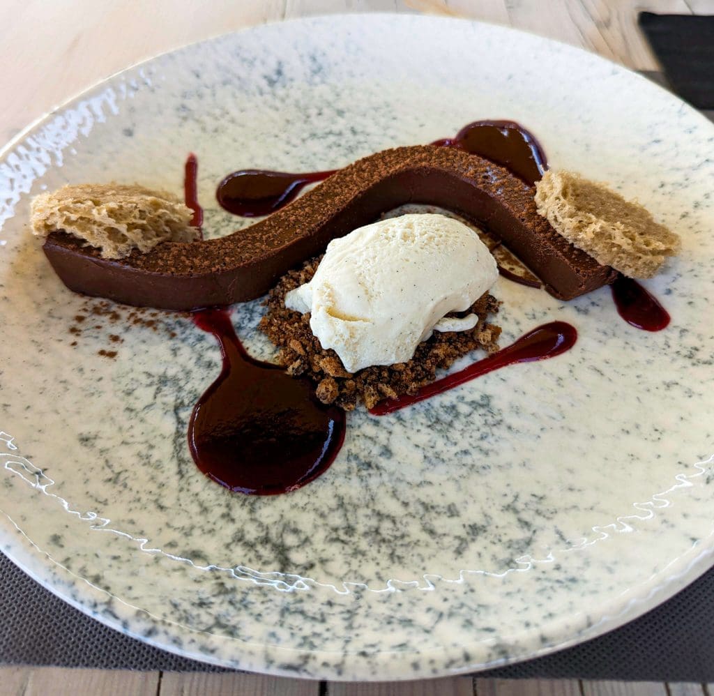 Smooth chocolate and ice cream of the Flexi Chocolate dessert at Elia in Delphi.