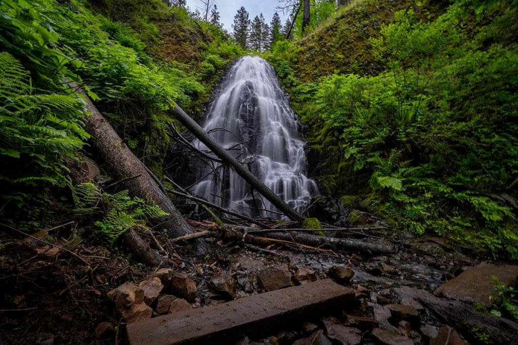 The small cascading Fairy falls, a great secluded waterfall in Oregon with light water and lush surrounding vegetation.