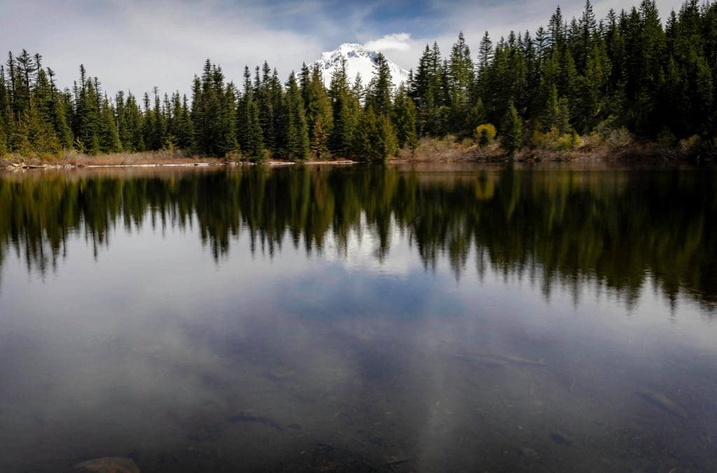 Mt. Hood reflects off of the still Mirror Lake with trees in the background making for one of the best hikes in Oregon.