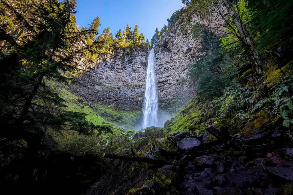 Water plunges off the cliffside at Watson Falls, one of the most stunning waterfalls in Oregon.