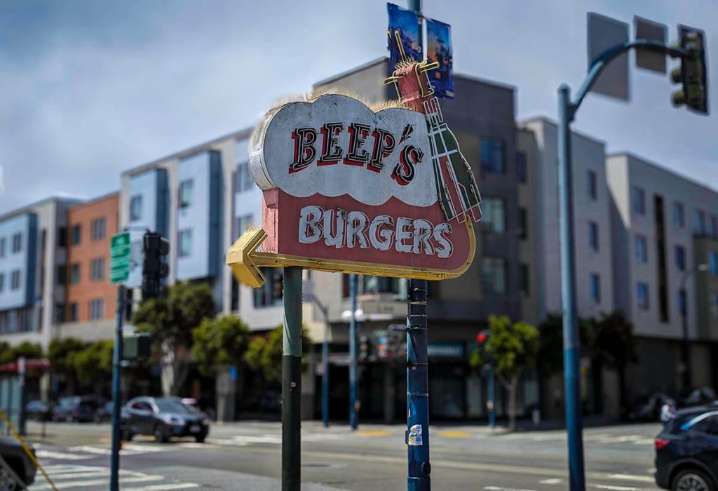 The old Beep's Burgers sign outside of the classic outdoor diner Beep's Burgers.