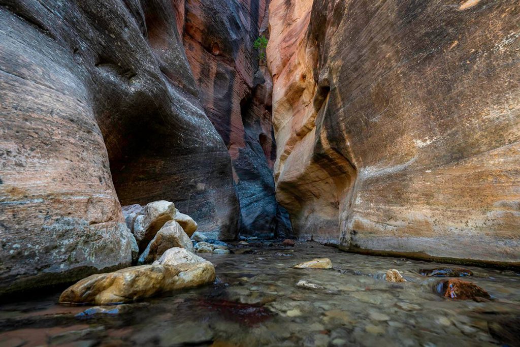 A slow moving river flows over smooth rocks while twisting canyon walls rise to the sky.