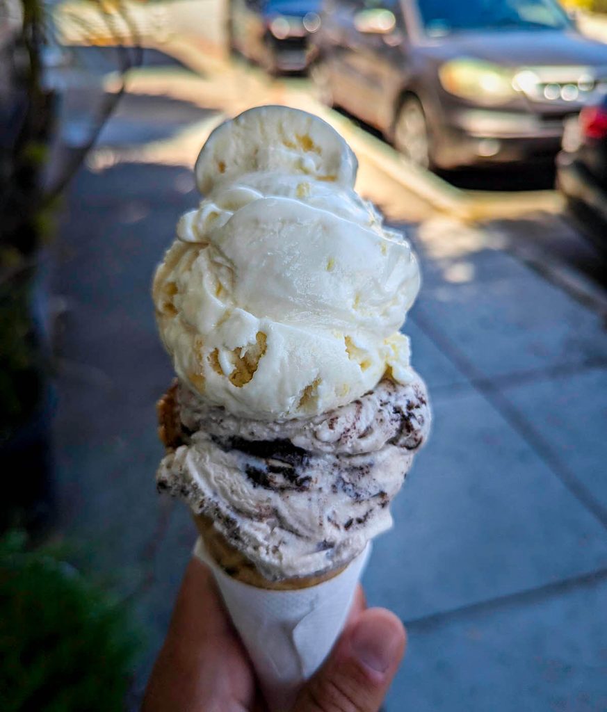 A double scoop of two of the many different incredible flavors at Mitchell's Ice Cream shop.