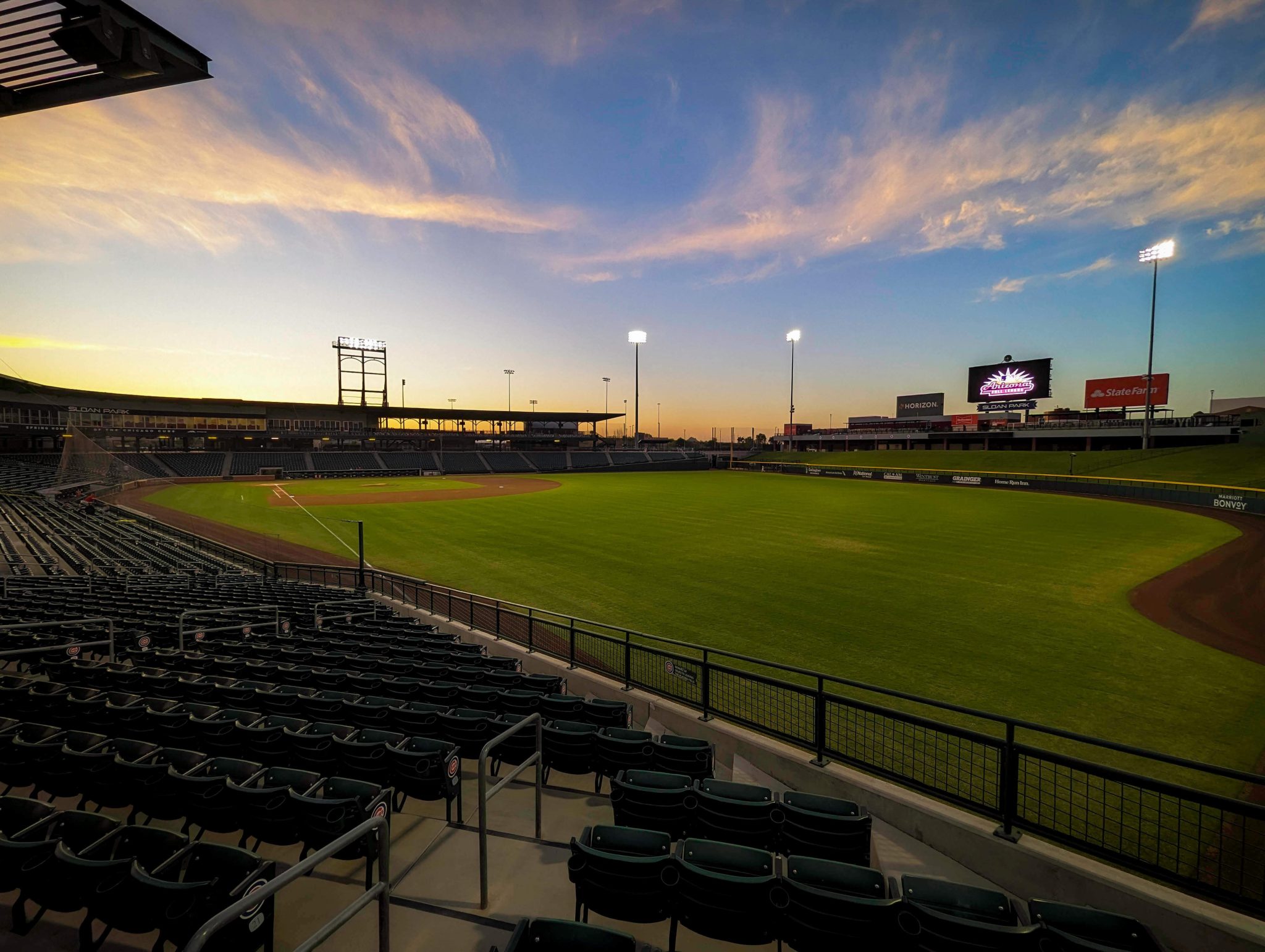 Watching the sun set over Sloan Park, a beautiful baseball diamond in Phoenix Arizona.