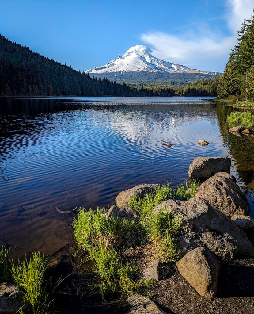 Small rocks and grass lead to the peaceful water of Trillium Lake as Mt. Hood rises in the distance at one of the best Oregon photography spots.