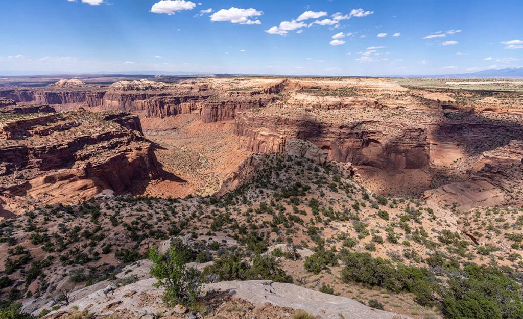 Steep canyons and clear open sky show the beauty of the Canyonlands from atop the Aztec Butte.