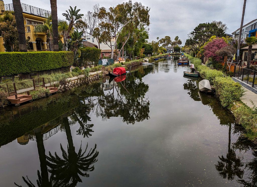 Quiet watery canals span into the distance as peaceful plants and trees line the sides.