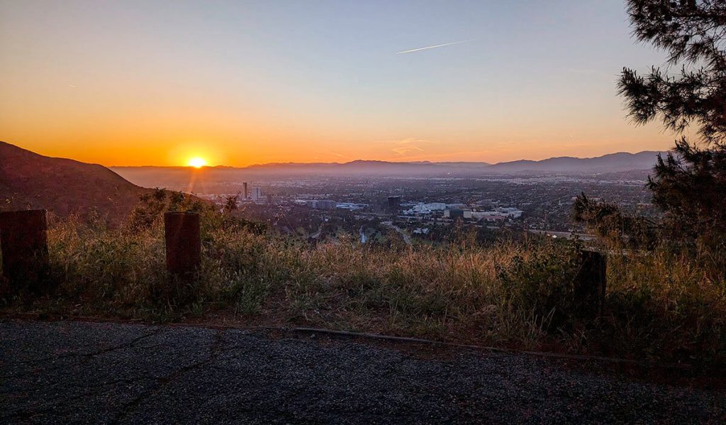 The sun sets majestically over the city from the lookout point of Cathy's Corner, a must see movie location in Los Angeles.