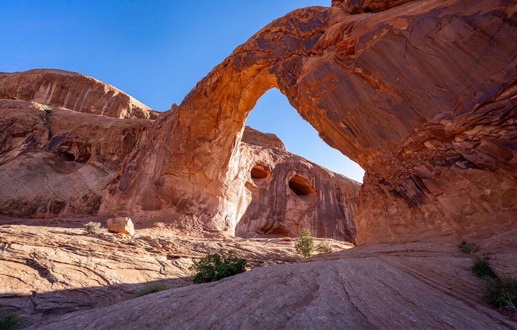 Looking up at the Corona Arch as it towers above making it one of the best Canyonlands hikes.