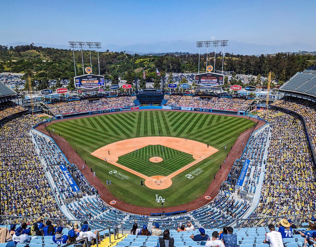 Looking down from the upper deck to see the pristine baseball diamond and all of the sights that make this a once in a lifetime thing to do in Los Angeles.