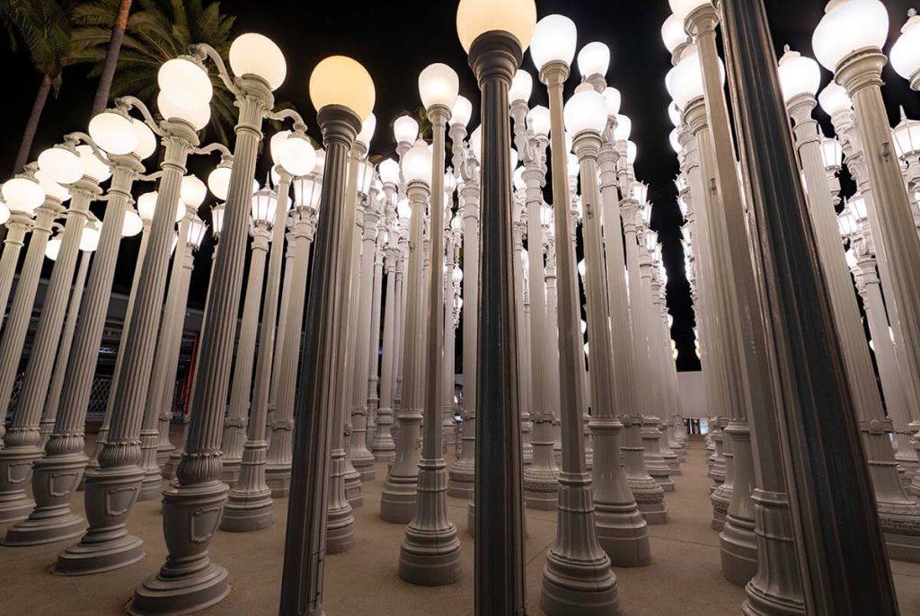 Dozens of lampposts sit row after row in this unique and fun art display.