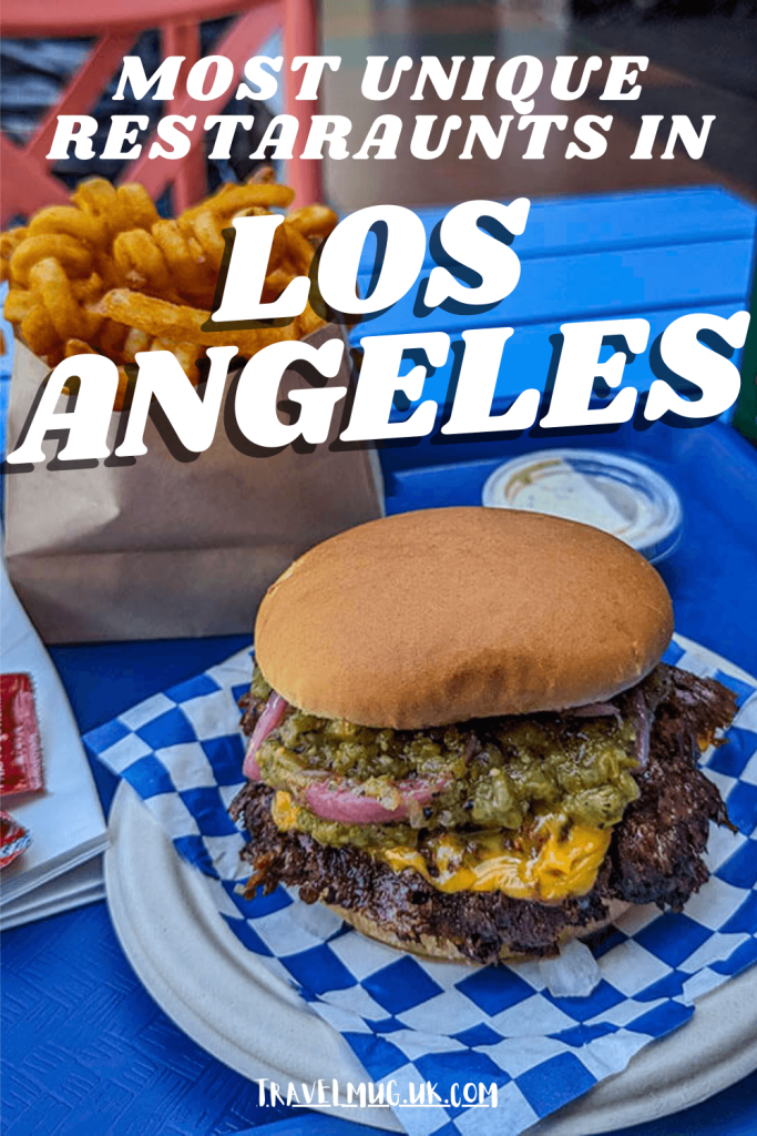 A closeup of a delicious buger from Gold Burger, with the title of the article "Most Unique Restaurants In Los Angeles".