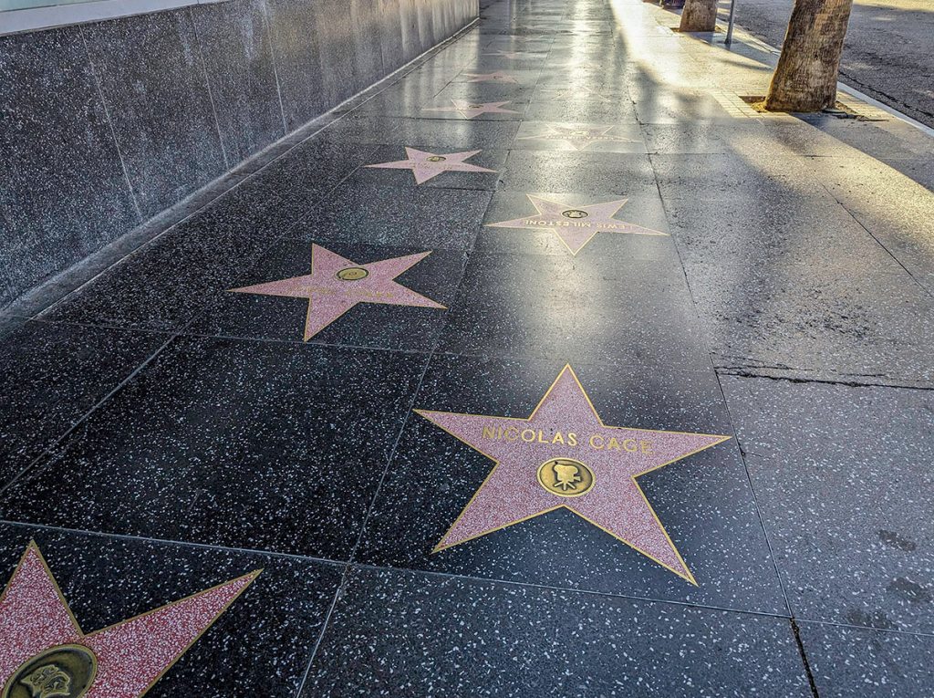 Clean stars built into the sidewalk display many famous actors and directors along the Walk of Fame.