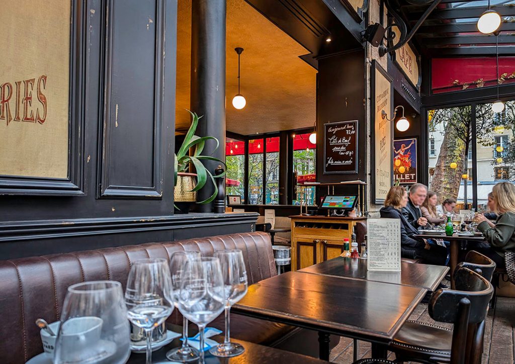 The sleek interior of the French restaurant Le Baltard, a top spot when looking for where to eat in Paris.