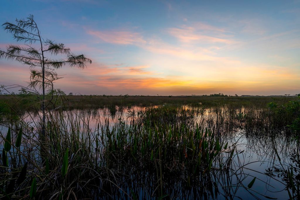 Colors paint the sky and still swamp of the Everglades, a can't miss Florida bucket list spot.