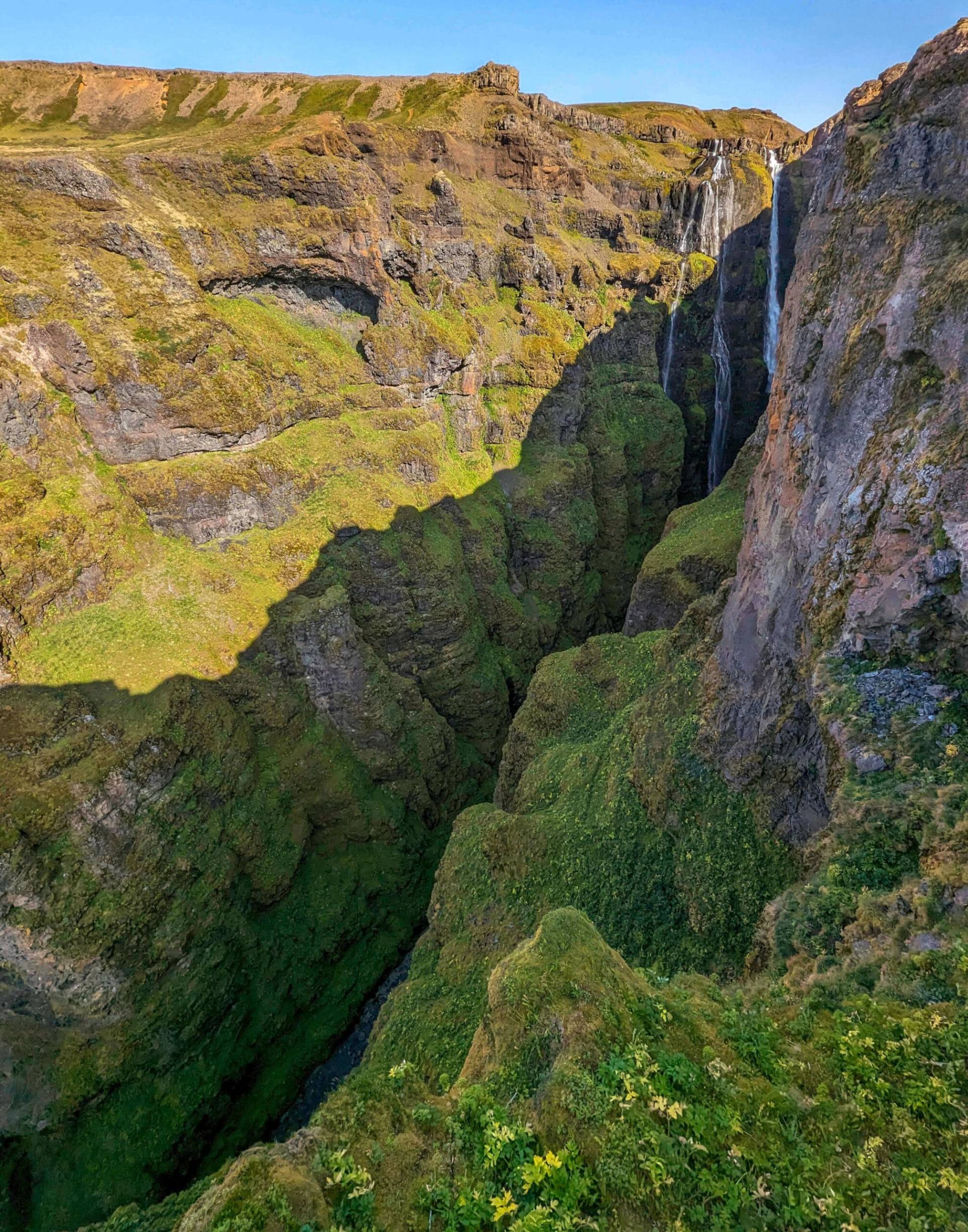 A beautiful scene from a lookout point with a great view of the canyon covered in grass, moss, and patches of wildflowers